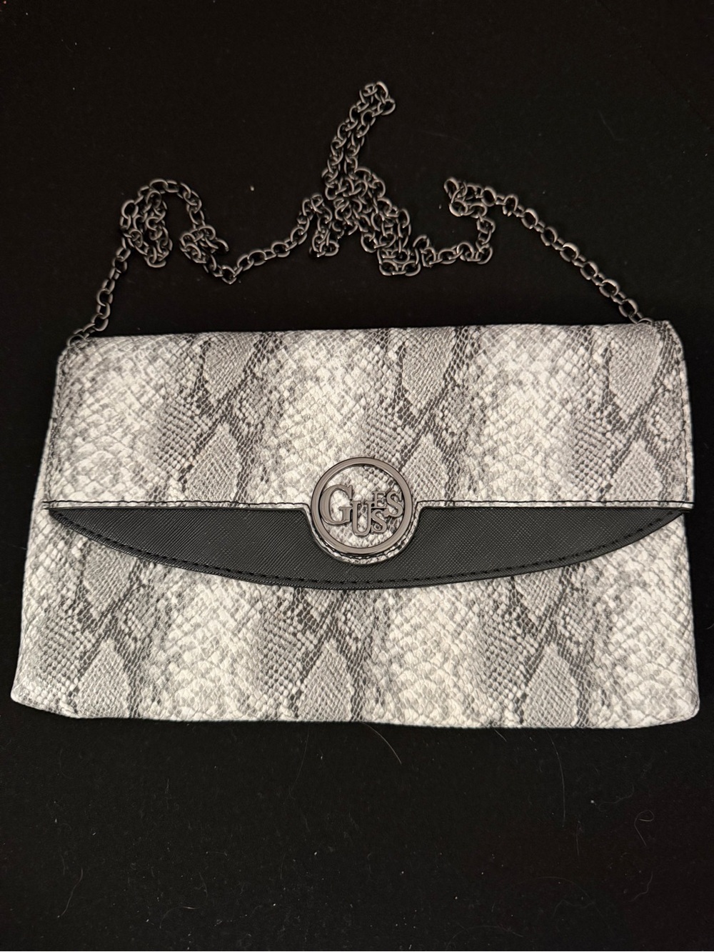 GUESS Silver Snakeskin-Print Chain Crossbody with Black Trim